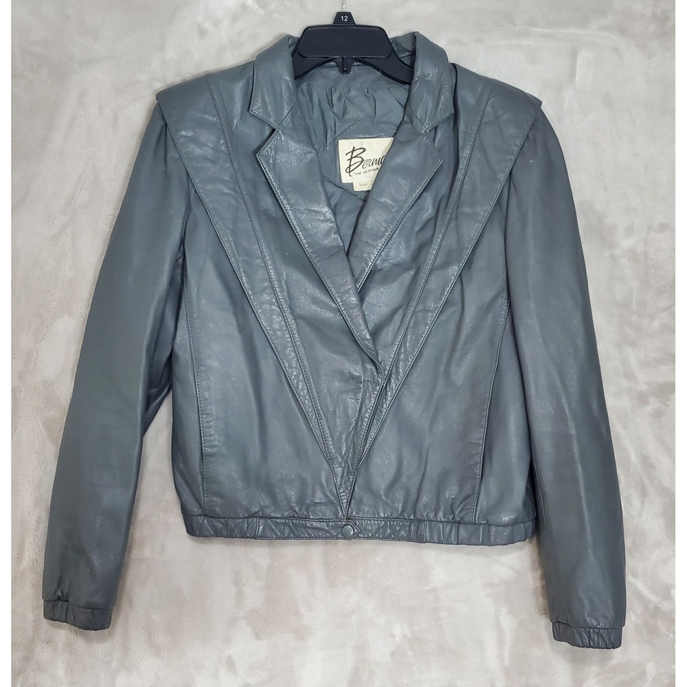 Vintage Bermans Gray Leather Jacket Womens Size 14 V-Neck Crop 90s Retro Y2K